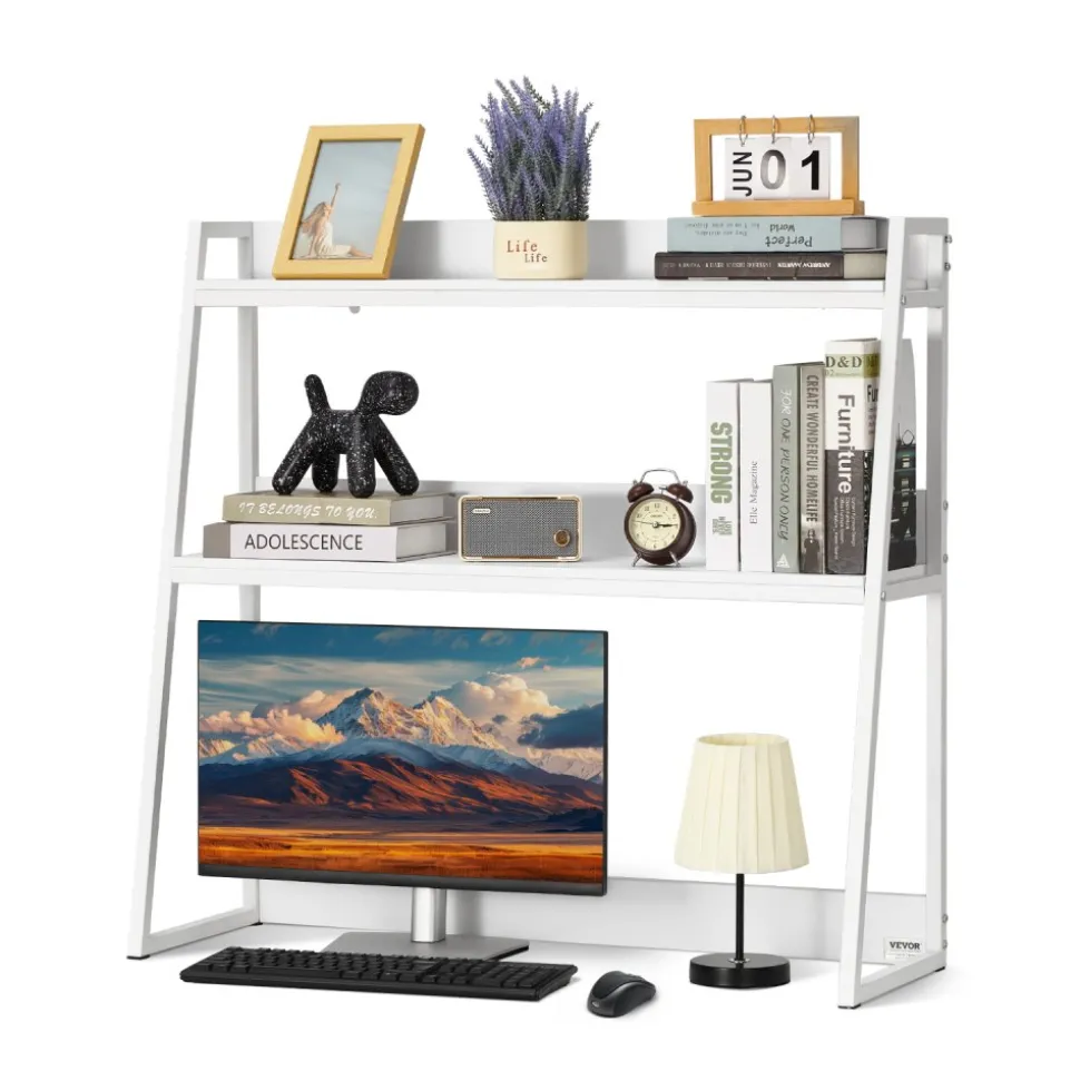 VEVOR Desktop Bookshelf 3-Tier Countertop Storage Hutch with Grid White, for Computer Desk, Metal Frame and Wooden Shelf, with Non-Slip Feet Pads, Desk Hutch Storage Organizer for Dorm, Home, Office