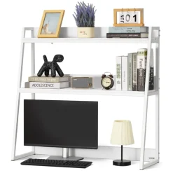 VEVOR Desktop Bookshelf 3-Tier Countertop Storage Hutch with Grid White, for Computer Desk, Metal Frame and Wooden Shelf, with Non-Slip Feet Pads, Desk Hutch Storage Organizer for Dorm, Home, Office