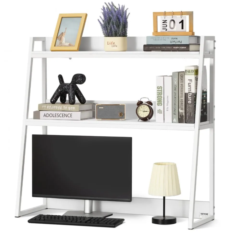 VEVOR Desktop Bookshelf 3-Tier Countertop Storage Hutch with Grid White, for Computer Desk, Metal Frame and Wooden Shelf, with Non-Slip Feet Pads, Desk Hutch Storage Organizer for Dorm, Home, Office