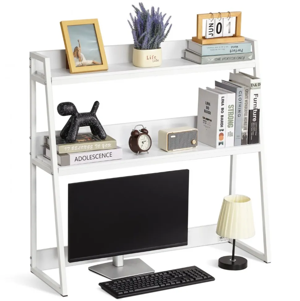 VEVOR Desktop Bookshelf 3-Tier Countertop Storage Hutch with Grid White, for Computer Desk, Metal Frame and Wooden Shelf, with Non-Slip Feet Pads, Desk Hutch Storage Organizer for Dorm, Home, Office