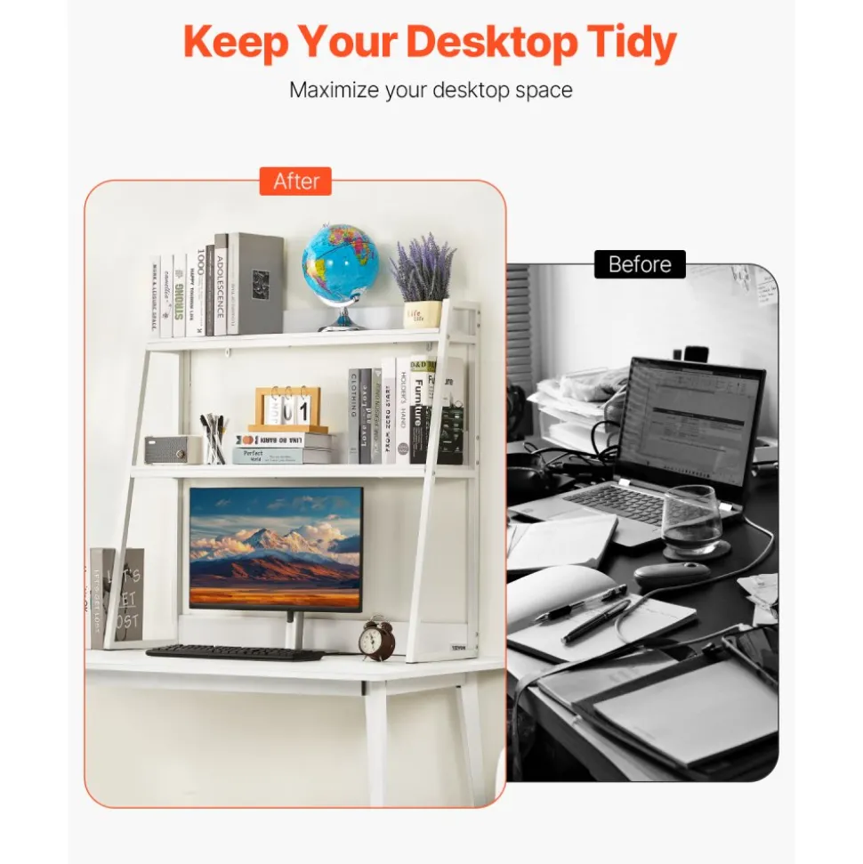 VEVOR Desktop Bookshelf 3-Tier Countertop Storage Hutch with Grid White, for Computer Desk, Metal Frame and Wooden Shelf, with Non-Slip Feet Pads, Desk Hutch Storage Organizer for Dorm, Home, Office
