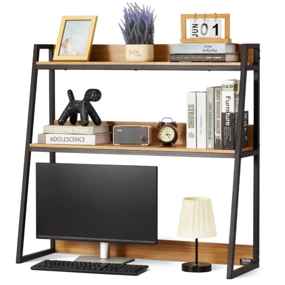 VEVOR Desktop Bookshelf, 2-Tier Desktop Storage Organizer, 37.4" x 12.6" x 35.4" Office Desk Storage Rack Display Shelf, Desktop Bookshelf Hutch with Anti-Slip Feet Pads, for Office, Home & Dorm, Black