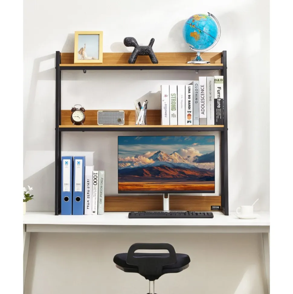 VEVOR Desktop Bookshelf, 2-Tier Desktop Storage Organizer, 37.4" x 12.6" x 35.4" Office Desk Storage Rack Display Shelf, Desktop Bookshelf Hutch with Anti-Slip Feet Pads, for Office, Home & Dorm, Black