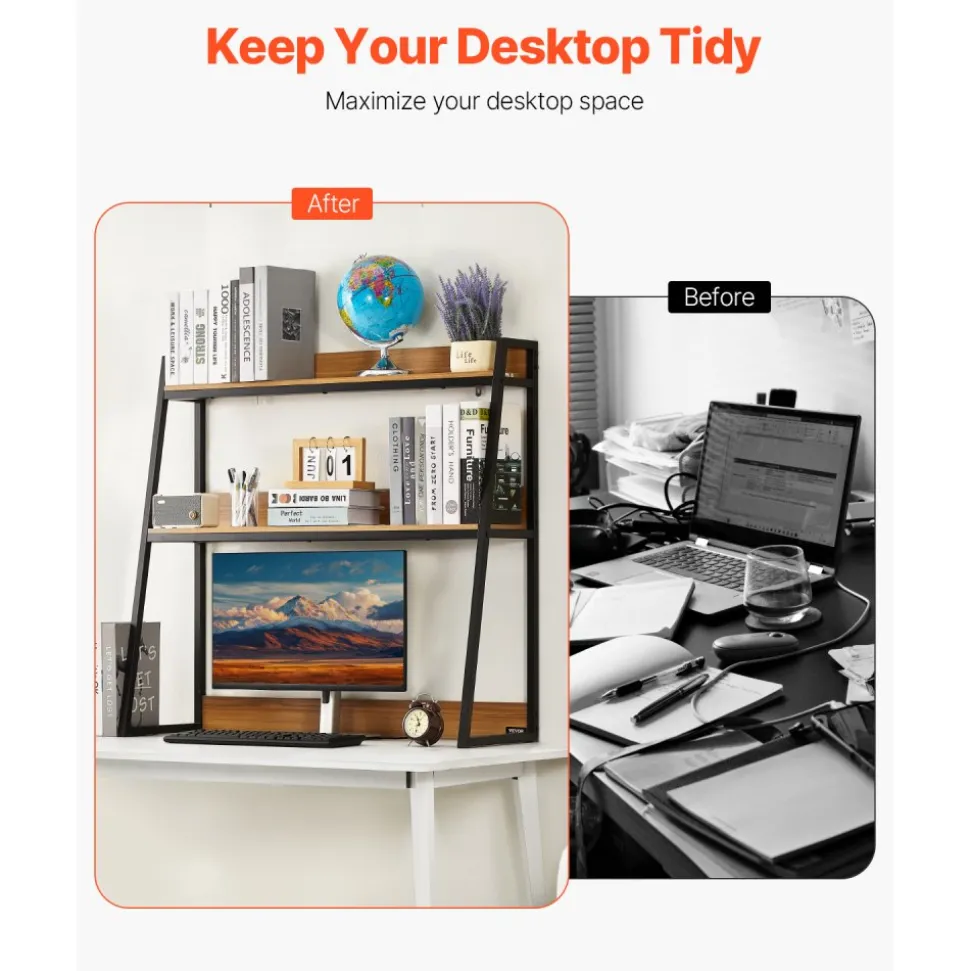 VEVOR Desktop Bookshelf, 2-Tier Desktop Storage Organizer, 37.4" x 12.6" x 35.4" Office Desk Storage Rack Display Shelf, Desktop Bookshelf Hutch with Anti-Slip Feet Pads, for Office, Home & Dorm, Black