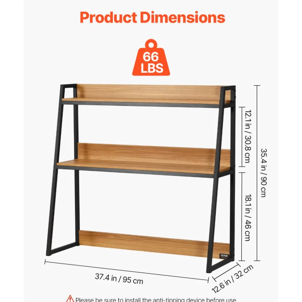 VEVOR Desktop Bookshelf, 2-Tier Desktop Storage Organizer, 37.4" x 12.6" x 35.4" Office Desk Storage Rack Display Shelf, Desktop Bookshelf Hutch with Anti-Slip Feet Pads, for Office, Home & Dorm, Black