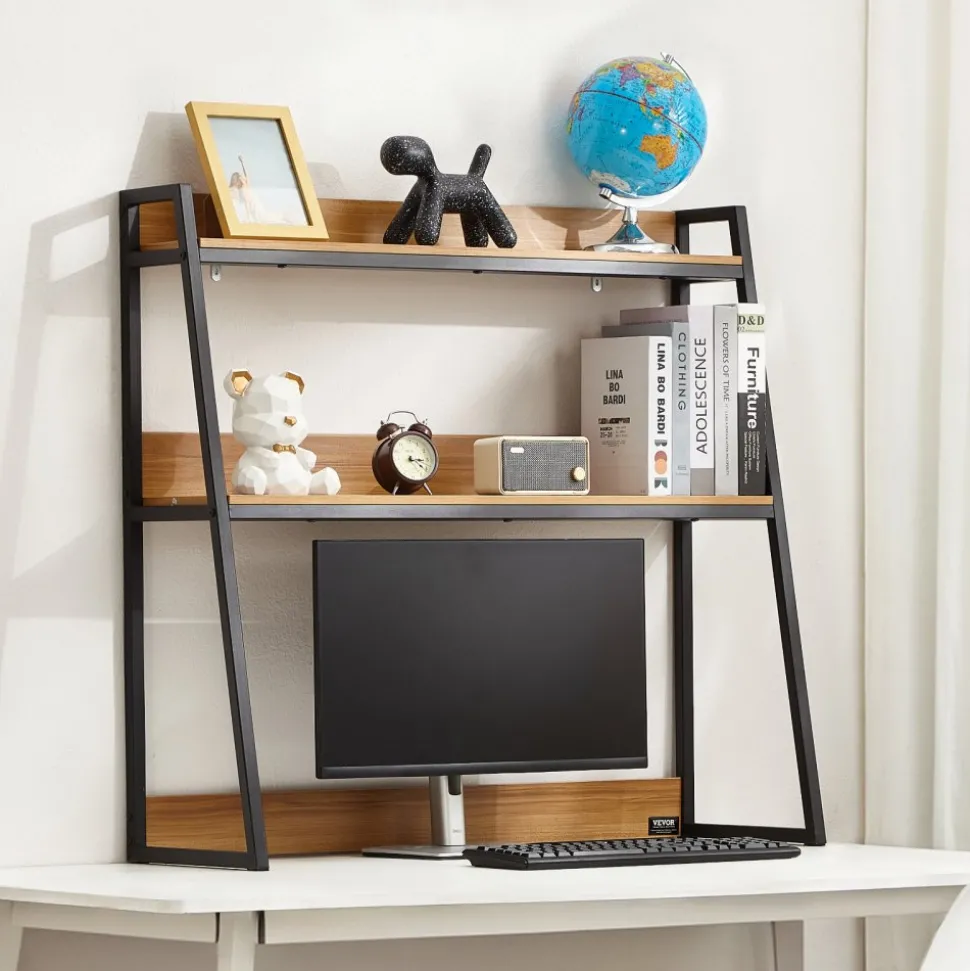 VEVOR Desktop Bookshelf, 2-Tier Desktop Storage Organizer, 37.4" x 12.6" x 35.4" Office Desk Storage Rack Display Shelf, Desktop Bookshelf Hutch with Anti-Slip Feet Pads, for Office, Home & Dorm, Black
