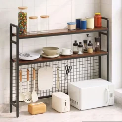 VEVOR Desktop Bookshelf 3-Tier Countertop Storage Hutch with Grid Black, for Computer Desk, Metal Frame and Wooden Shelf, with Non-Slip Feet Pads, Desk Hutch Storage Organizer for Dorm, Home, Office