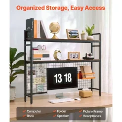 VEVOR Desktop Bookshelf 3-Tier Countertop Storage Hutch with Grid Black, for Computer Desk, Metal Frame and Wooden Shelf, with Non-Slip Feet Pads, Desk Hutch Storage Organizer for Dorm, Home, Office