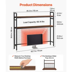 VEVOR Desktop Bookshelf 3-Tier Countertop Storage Hutch with Grid Black, for Computer Desk, Metal Frame and Wooden Shelf, with Non-Slip Feet Pads, Desk Hutch Storage Organizer for Dorm, Home, Office