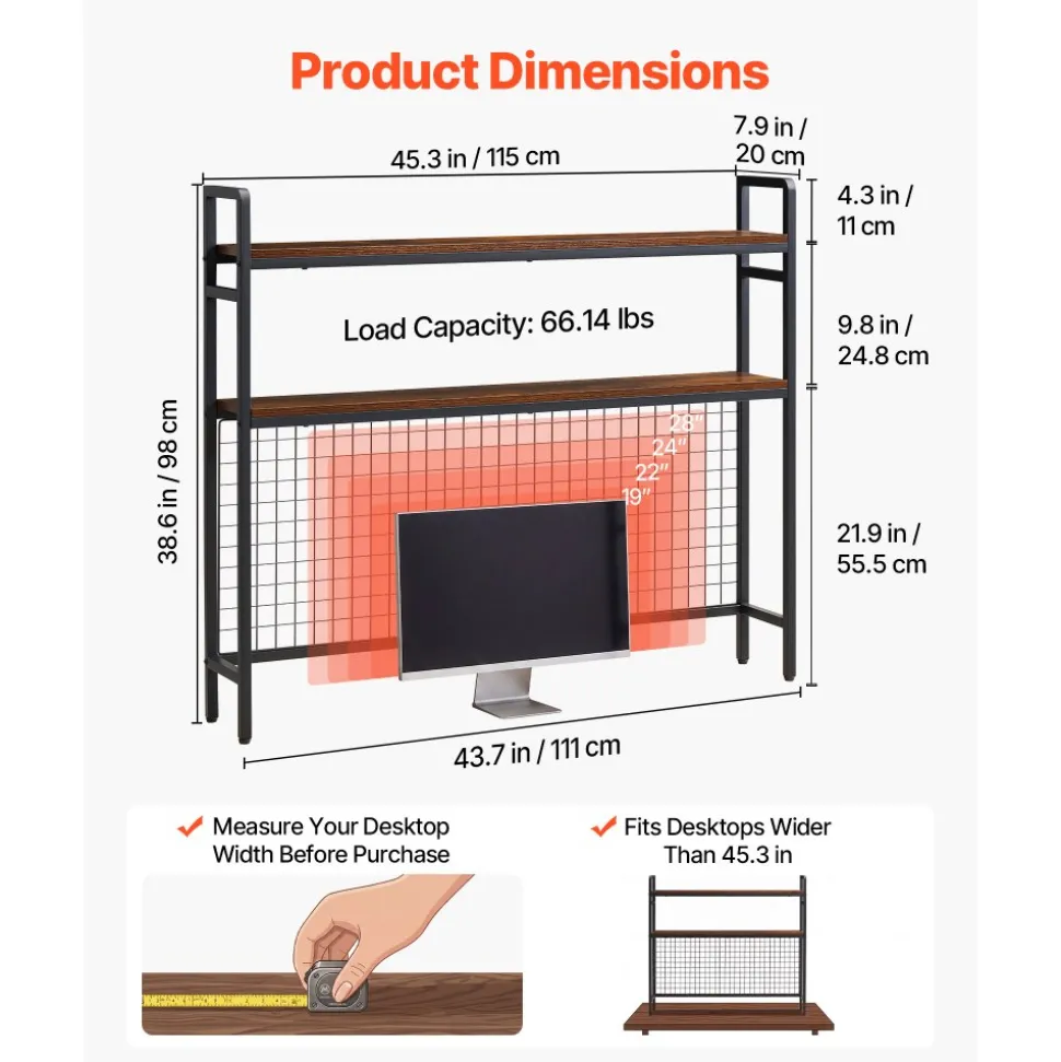 VEVOR Desktop Bookshelf 3-Tier Countertop Storage Hutch with Grid Black, for Computer Desk, Metal Frame and Wooden Shelf, with Non-Slip Feet Pads, Desk Hutch Storage Organizer for Dorm, Home, Office