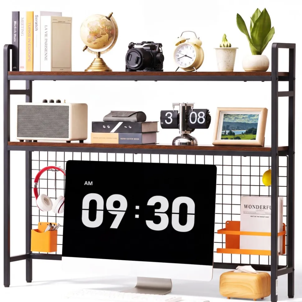 VEVOR Desktop Bookshelf 3-Tier Countertop Storage Hutch with Grid Black, for Computer Desk, Metal Frame and Wooden Shelf, with Non-Slip Feet Pads, Desk Hutch Storage Organizer for Dorm, Home, Office
