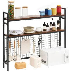 VEVOR Desktop Bookshelf 3-Tier Countertop Storage Hutch with Grid Black, for Computer Desk, Metal Frame and Wooden Shelf, with Non-Slip Feet Pads, Desk Hutch Storage Organizer for Dorm, Home, Office