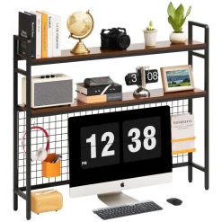 VEVOR Desktop Bookshelf 3-Tier Countertop Storage Hutch with Grid Black, for Computer Desk, Metal Frame and Wooden Shelf, with Non-Slip Feet Pads, Desk Hutch Storage Organizer for Dorm, Home, Office