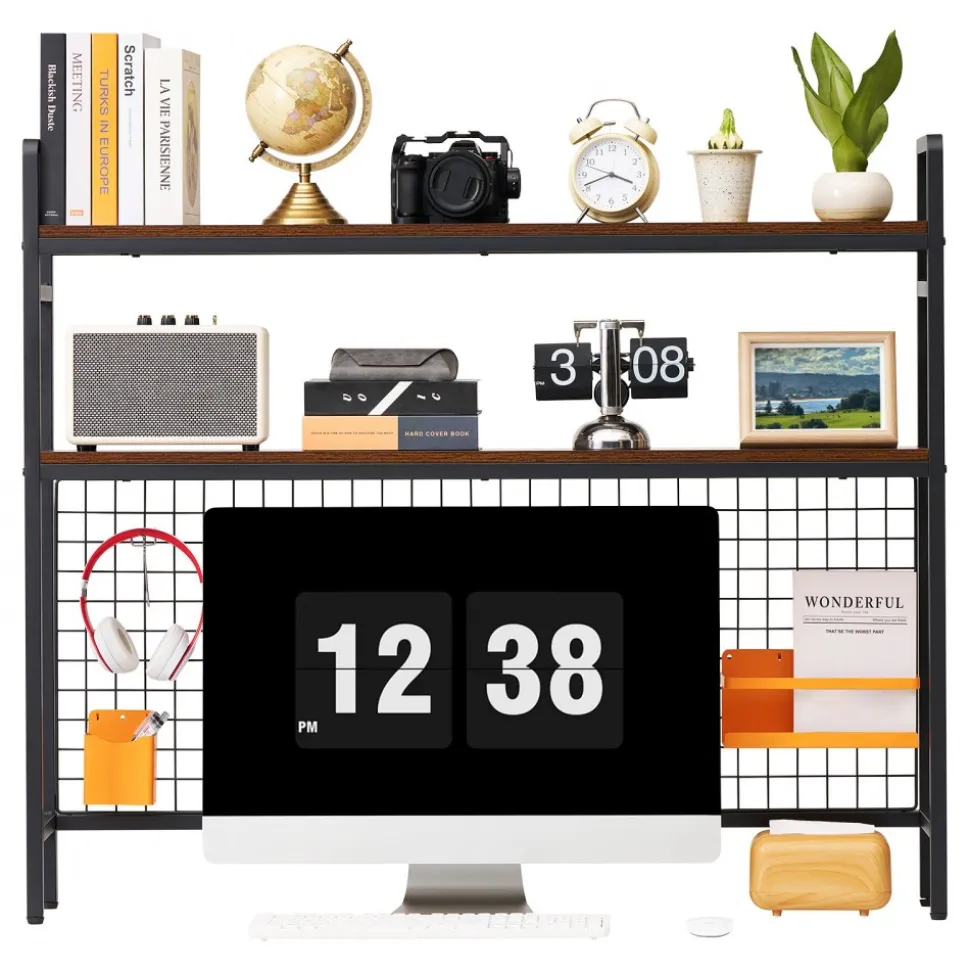 VEVOR Desktop Bookshelf 3-Tier Countertop Storage Hutch with Grid Black, for Computer Desk, Metal Frame and Wooden Shelf, with Non-Slip Feet Pads, Desk Hutch Storage Organizer for Dorm, Home, Office