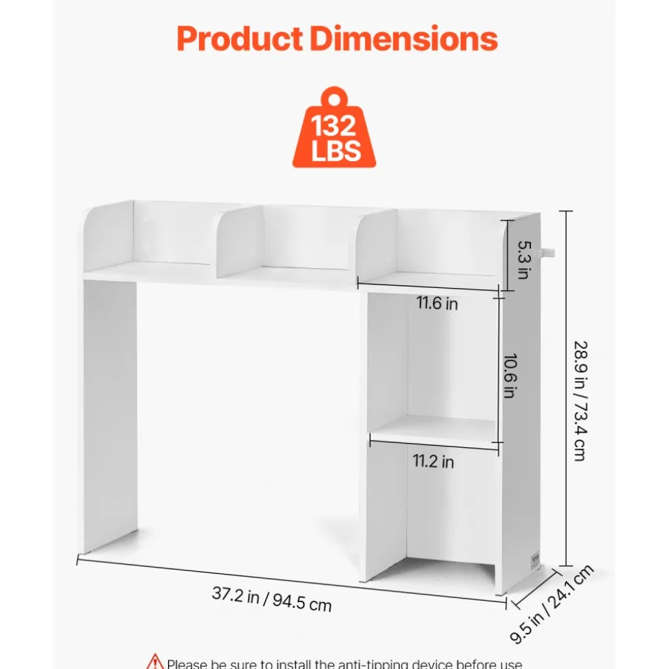 VEVOR Desktop Bookshelf, 2-Tier Desktop Storage Organizer, 37.2" x 9.5" x 28.9" Office Storage Rack Wood Display Shelf, Desktop Bookshelf Hutch with Anti-Slip Feet Pads, for Office, Home & Dorm, White