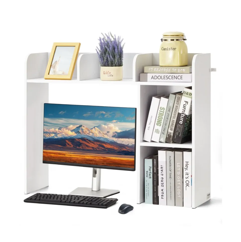 VEVOR Desktop Bookshelf, 2-Tier Desktop Storage Organizer, 37.2" x 9.5" x 28.9" Office Storage Rack Wood Display Shelf, Desktop Bookshelf Hutch with Anti-Slip Feet Pads, for Office, Home & Dorm, White