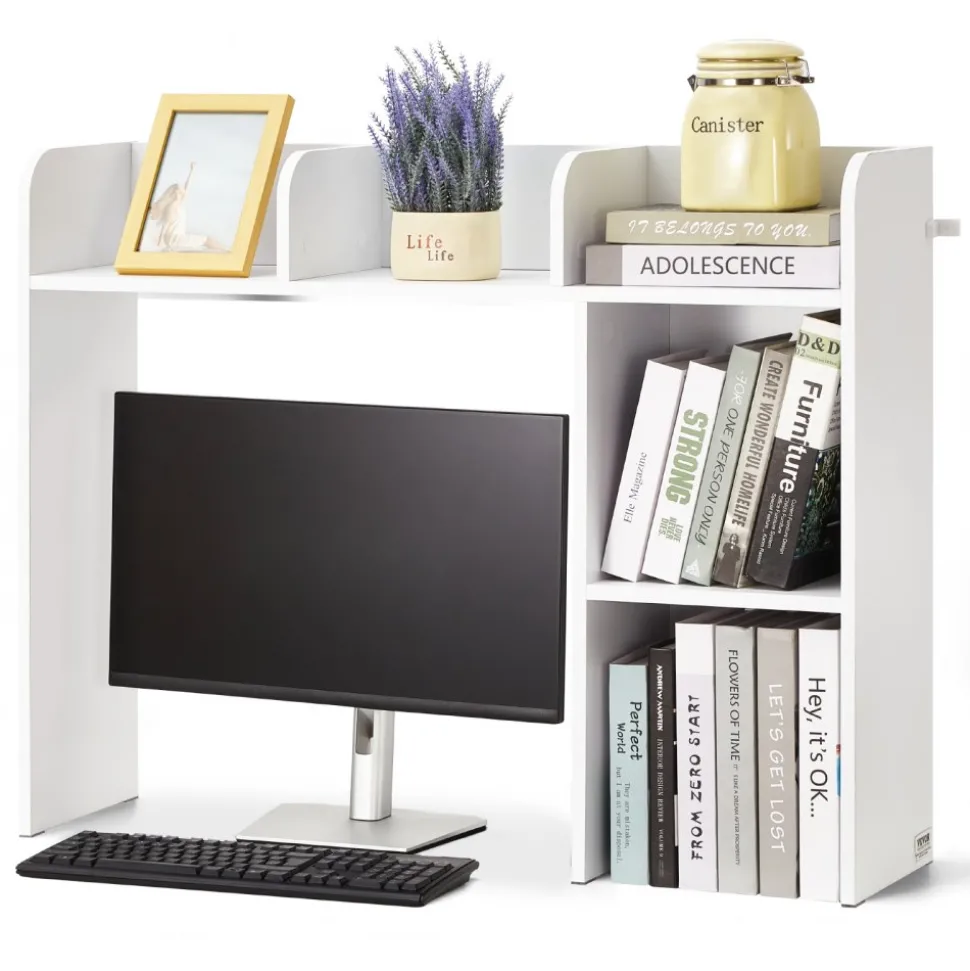 VEVOR Desktop Bookshelf, 2-Tier Desktop Storage Organizer, 37.2" x 9.5" x 28.9" Office Storage Rack Wood Display Shelf, Desktop Bookshelf Hutch with Anti-Slip Feet Pads, for Office, Home & Dorm, White