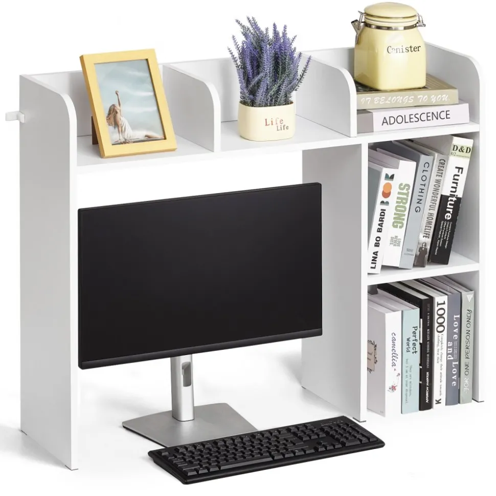 VEVOR Desktop Bookshelf, 2-Tier Desktop Storage Organizer, 37.2" x 9.5" x 28.9" Office Storage Rack Wood Display Shelf, Desktop Bookshelf Hutch with Anti-Slip Feet Pads, for Office, Home & Dorm, White