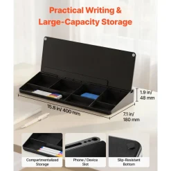 VEVOR Desktop Glass Dry Erase Board 15.8 x 7.1 x 1.9 in Desk Whiteboard, Compartment Storage, Non-Slip Bottom, Ergonomic Angled Design, Desktop Organizer for Office, Home, School Supplies, Black