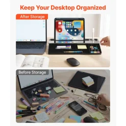VEVOR Desktop Glass Dry Erase Board 15.8 x 7.1 x 1.9 in Desk Whiteboard, Compartment Storage, Non-Slip Bottom, Ergonomic Angled Design, Desktop Organizer for Office, Home, School Supplies, Black
