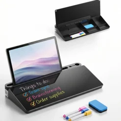 VEVOR Desktop Glass Dry Erase Board 15.8 x 7.1 x 1.9 in Desk Whiteboard, Compartment Storage, Non-Slip Bottom, Ergonomic Angled Design, Desktop Organizer for Office, Home, School Supplies, Black