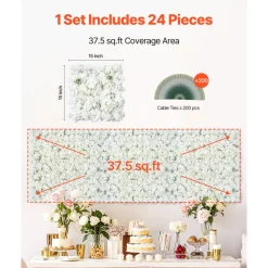 VEVOR 3D Flower Wall Panel, 24 PCS 15 x 15 inch, Artificial Floral Wall Background Mesh Backing Mat,Seamless Design&Easy Installation for Wedding Valentines Day Home Baby Party Backdrop Decor,White