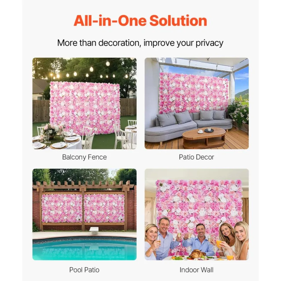 VEVOR 3D Flower Wall Panel, 12 PCS 15 x 15 inch, Artificial Floral Wall Background Mesh Backing Mat,Seamless Design&Easy Installation for Wedding Valentines Day Home Baby Party Backdrop Decor,Pink