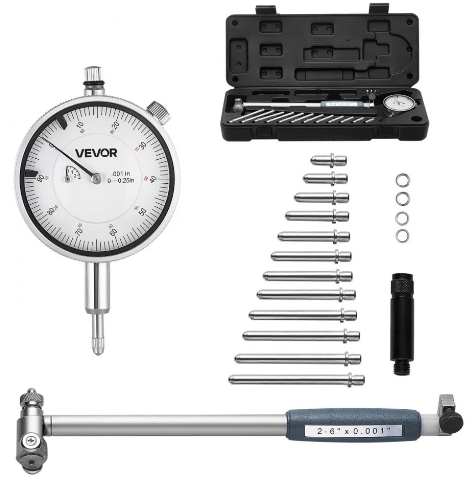 VEVOR Dial Test Indicator and Bore Gauge Measuring Tool Set, Dial Indicator 0.001 inch Accuracy, 2-6 inch Bore Range with Rod, Storage Case, Anvils for Industrial Machining Measurements