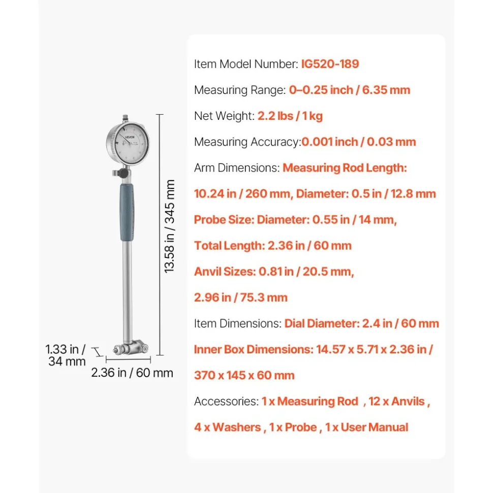 VEVOR Dial Test Indicator and Bore Gauge Measuring Tool Set, Dial Indicator 0.001 inch Accuracy, 2-6 inch Bore Range with Rod, Storage Case, Anvils for Industrial Machining Measurements
