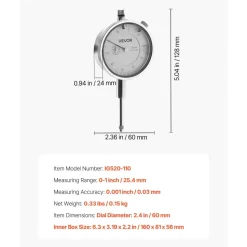 VEVOR Dial Test Indicator, 0.001 inch Accuracy, 0-1 inch Measuring Range, Easy to Read Large Dial, Professional for Internal Diameter Measurement, Runout Detection, Flatness Inspection