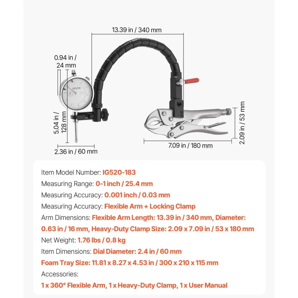 VEVOR Dial Test Indicator with 360-Degree Flexible Arm and 360-Degree Locking Pliers, 0.001 inch Accuracy, 0-1 inch Range, Professional for Machine Set-Up, Narrow Area Measurement, Storage Case