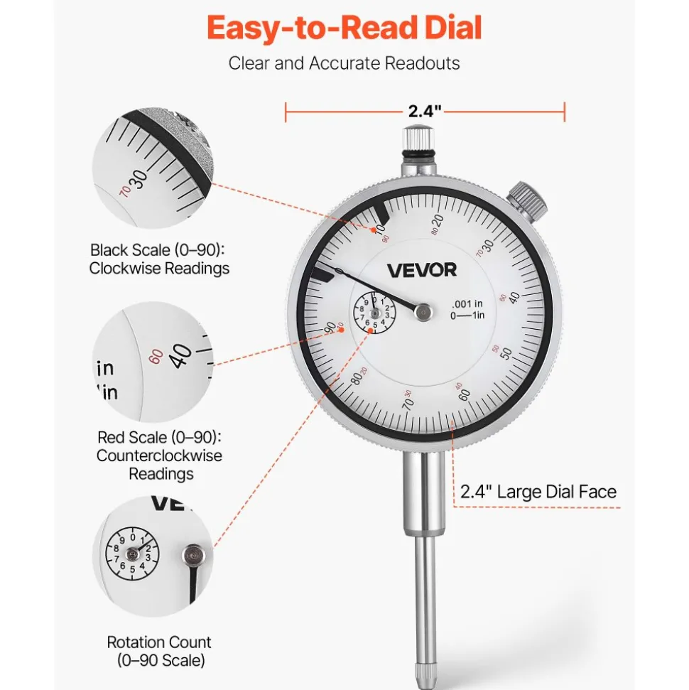 VEVOR Dial Test Indicator with 360-Degree Flexible Arm and 360-Degree Locking Pliers, 0.001 inch Accuracy, 0-1 inch Range, Professional for Machine Set-Up, Narrow Area Measurement, Storage Case