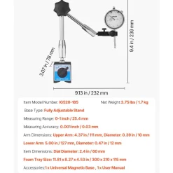 VEVOR Dial Test Indicator with Magnetic Flexible Base Stand, 0.001 inch Accuracy, 0-1 inch Range, Fine Adjustable Long Arm, Professional for Machine Set-Up, Narrow Area Measurement, Easy to Read