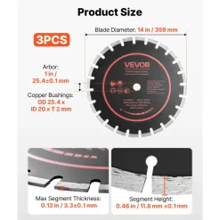 VEVOR Diamond Blades 14 inch, 3-Pack Concrete Saw Blade Set, 1 in Arbor, High-Hardness Diamond Segments, 65Mn Steel Core, Dry Wet Cutting, Clean Edges for Concrete, Masonry, Brick, Stone, Granite