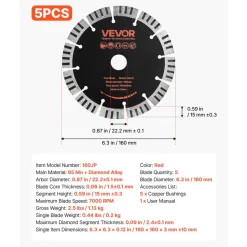 VEVOR Diamond Blades 6.3 inch, 5-Pack Wall Chaser Saw Blade Cutting Blade, 0.87 in Arbor, High-Hardness Diamond Segments, 65Mn Steel Core, Dry Wet Cutting, Clean Edges for Concrete Brick Stone Cement