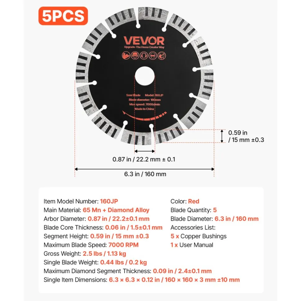 VEVOR Diamond Blades 6.3 inch, 5-Pack Wall Chaser Saw Blade Cutting Blade, 0.87 in Arbor, High-Hardness Diamond Segments, 65Mn Steel Core, Dry Wet Cutting, Clean Edges for Concrete Brick Stone Cement