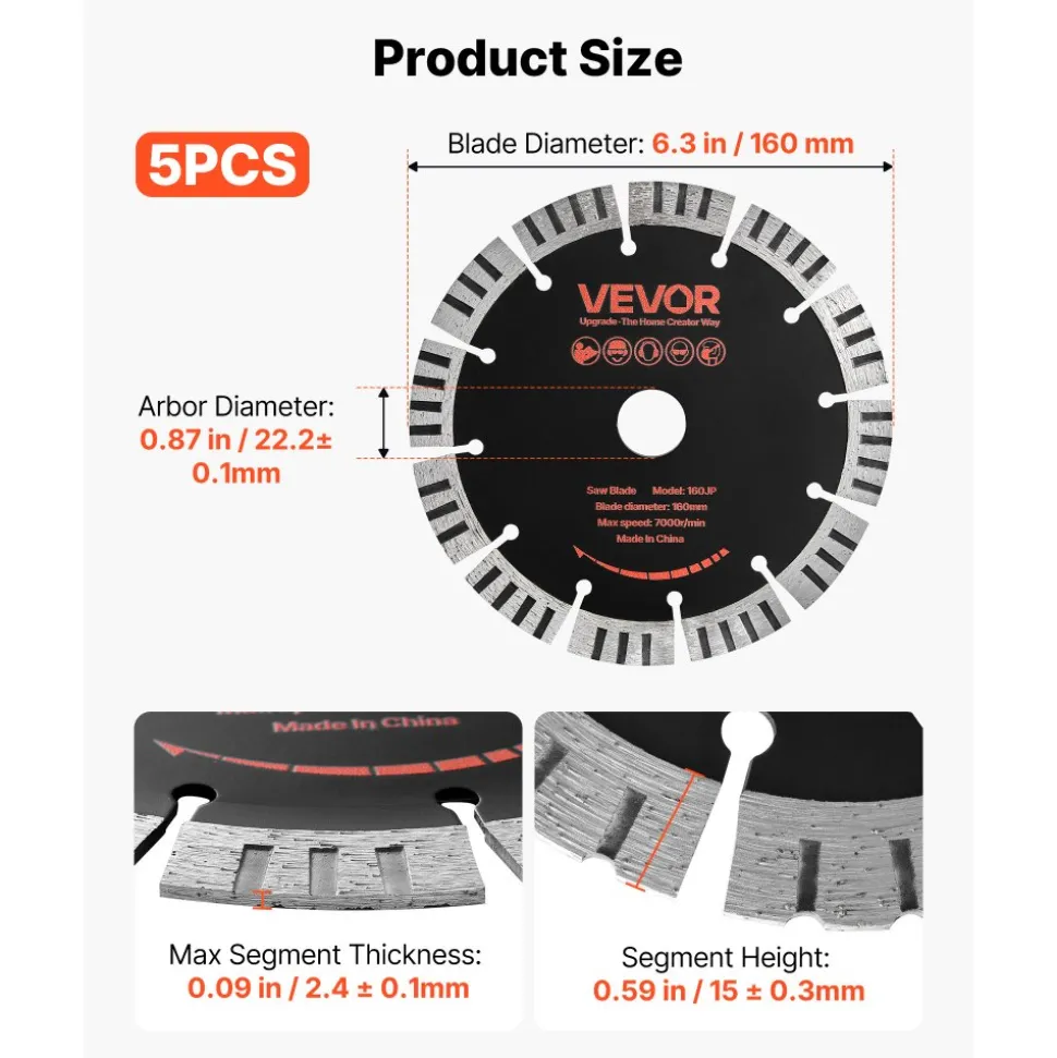 VEVOR Diamond Blades 6.3 inch, 5-Pack Wall Chaser Saw Blade Cutting Blade, 0.87 in Arbor, High-Hardness Diamond Segments, 65Mn Steel Core, Dry Wet Cutting, Clean Edges for Concrete Brick Stone Cement