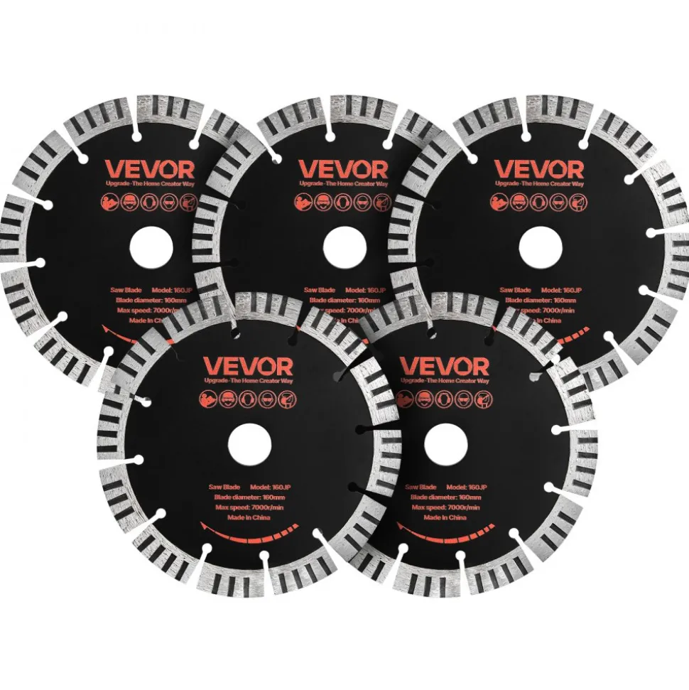VEVOR Diamond Blades 6.3 inch, 5-Pack Wall Chaser Saw Blade Cutting Blade, 0.87 in Arbor, High-Hardness Diamond Segments, 65Mn Steel Core, Dry Wet Cutting, Clean Edges for Concrete Brick Stone Cement