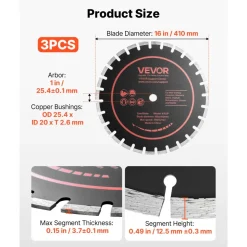 VEVOR Diamond Blades 16 inch, 3-Pack Concrete Saw Blade Set, 1 in Arbor, High-Hardness Diamond Segments, 65Mn Steel Core, Dry Wet Cutting, Clean Edges for Concrete, Masonry, Brick, Stone, Granite
