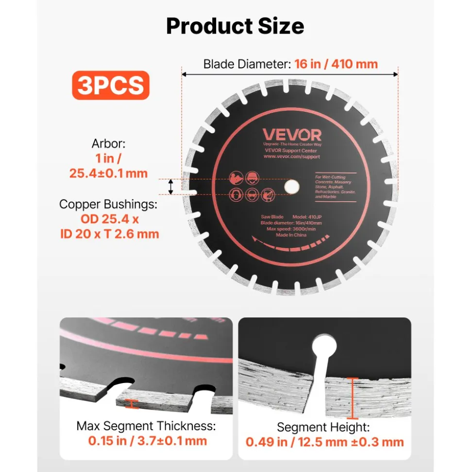 VEVOR Diamond Blades 16 inch, 3-Pack Concrete Saw Blade Set, 1 in Arbor, High-Hardness Diamond Segments, 65Mn Steel Core, Dry Wet Cutting, Clean Edges for Concrete, Masonry, Brick, Stone, Granite