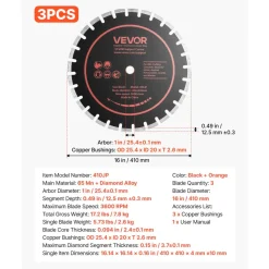 VEVOR Diamond Blades 16 inch, 3-Pack Concrete Saw Blade Set, 1 in Arbor, High-Hardness Diamond Segments, 65Mn Steel Core, Dry Wet Cutting, Clean Edges for Concrete, Masonry, Brick, Stone, Granite