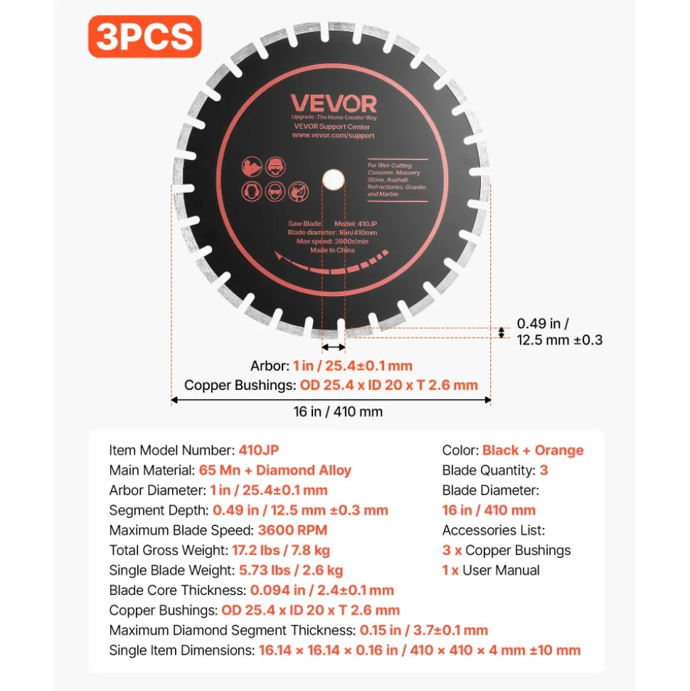 VEVOR Diamond Blades 16 inch, 3-Pack Concrete Saw Blade Set, 1 in Arbor, High-Hardness Diamond Segments, 65Mn Steel Core, Dry Wet Cutting, Clean Edges for Concrete, Masonry, Brick, Stone, Granite