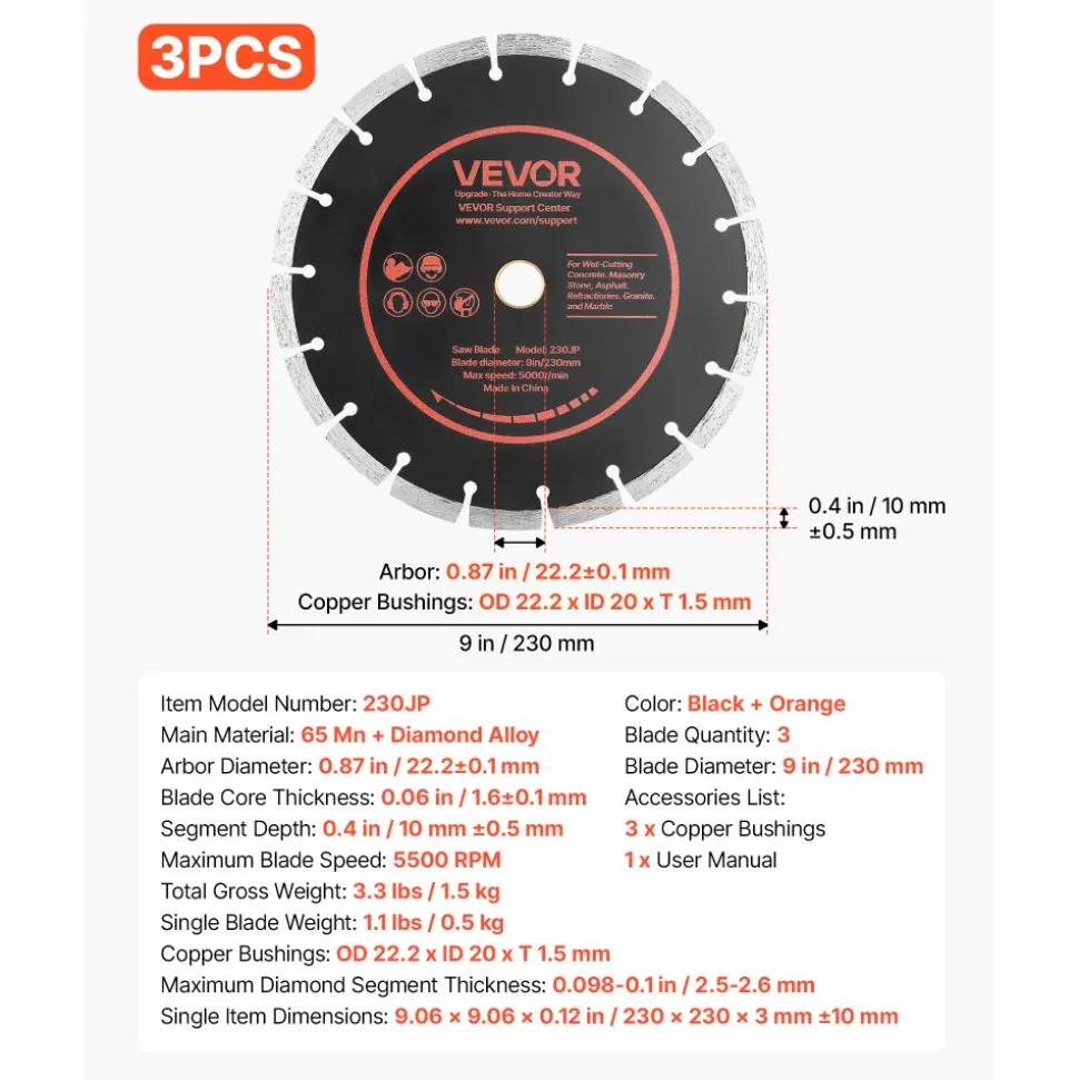VEVOR Diamond Blades 9 inch, 3-Pack Concrete Saw Blade Set, 7/8 in Arbor, High-Hardness Diamond Segments, 65Mn Steel Core, Dry Wet Cutting, Clean Edges for Concrete, Masonry, Brick, Stone, Granite