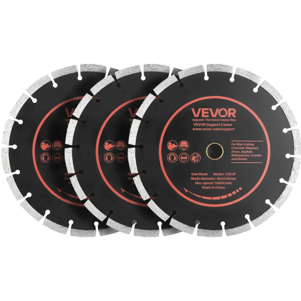 VEVOR Diamond Blades 9 inch, 3-Pack Concrete Saw Blade Set, 7/8 in Arbor, High-Hardness Diamond Segments, 65Mn Steel Core, Dry Wet Cutting, Clean Edges for Concrete, Masonry, Brick, Stone, Granite