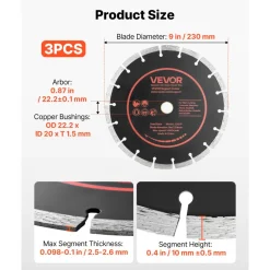 VEVOR Diamond Blades 9 inch, 3-Pack Concrete Saw Blade Set, 7/8 in Arbor, High-Hardness Diamond Segments, 65Mn Steel Core, Dry Wet Cutting, Clean Edges for Concrete, Masonry, Brick, Stone, Granite