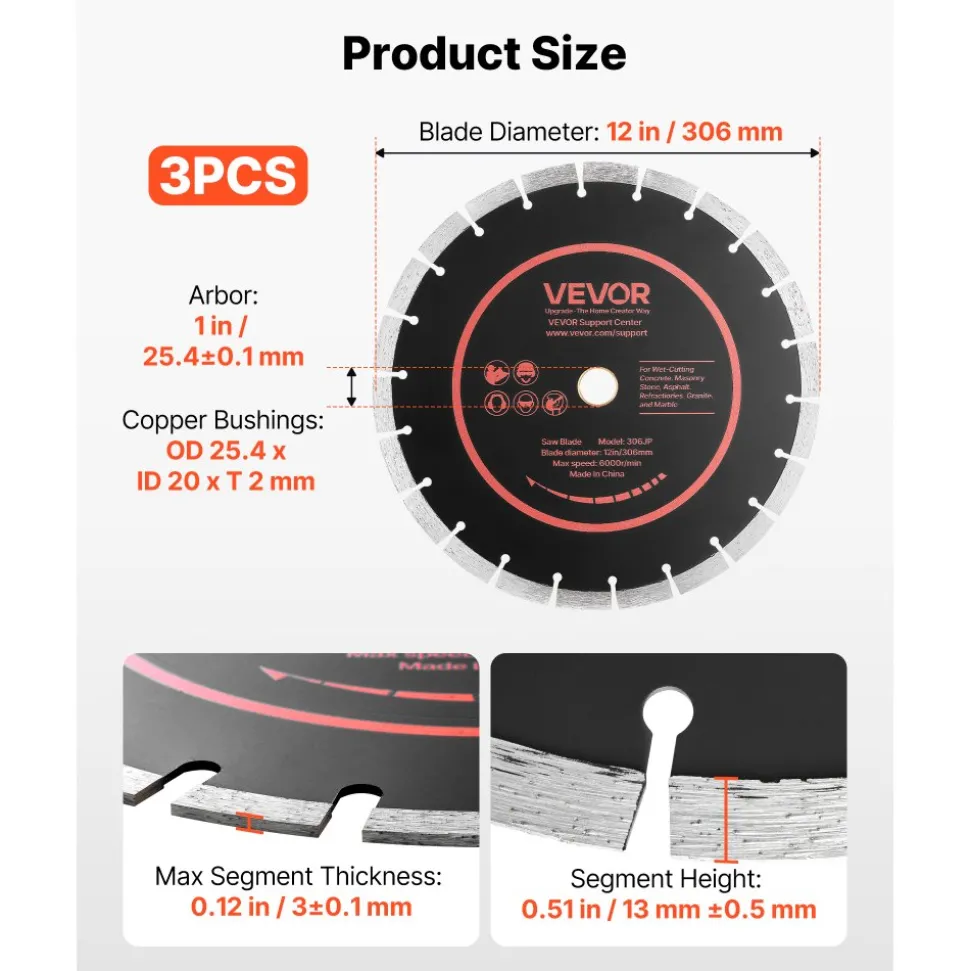 VEVOR Diamond Blades 12 inch, 3-Pack Concrete Saw Blade Set, 1 in Arbor, High-Hardness Diamond Segments, 65Mn Steel Core, Dry Wet Cutting, Clean Edges for Concrete, Masonry, Brick, Stone, Granite