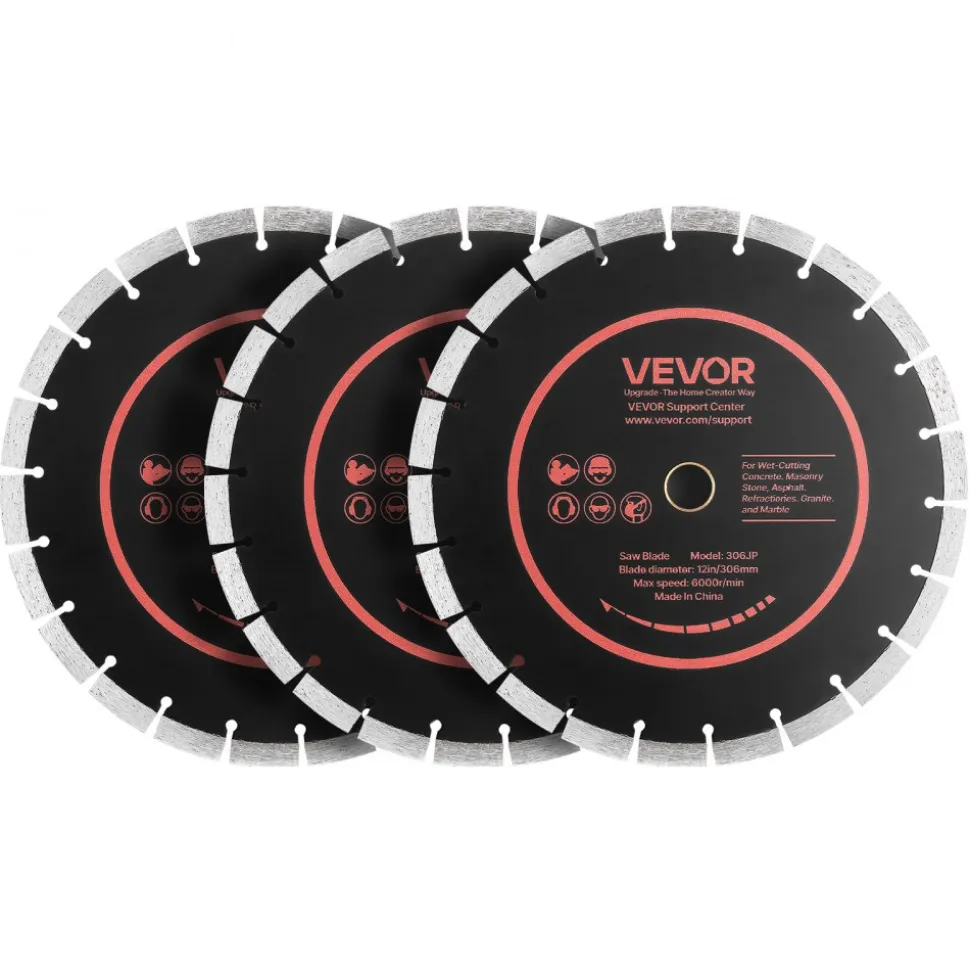 VEVOR Diamond Blades 12 inch, 3-Pack Concrete Saw Blade Set, 1 in Arbor, High-Hardness Diamond Segments, 65Mn Steel Core, Dry Wet Cutting, Clean Edges for Concrete, Masonry, Brick, Stone, Granite