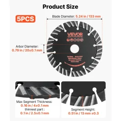 VEVOR Diamond Blades 5.24 inch, 5-Pack Wall Chaser Saw Blade Cutting Blade, 0.79 in Arbor, High-Hardness Diamond Segments, 65Mn Steel Core, Dry Wet Cutting, Clean Edges for Concrete Brick Stone Cement