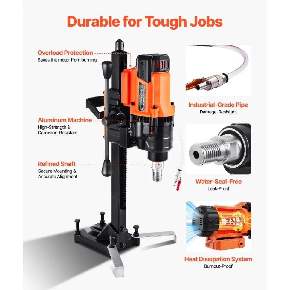 VEVOR Diamond Core Drilling Machine, 0.8-8 in Drilling Diameter, Stand-Mount Dry and Wet Concrete Core Drill Rig with 8 Drill Bits, 800 RPM Speed, UNC1 1/4-7 Thread, for Concrete Brick Stone, 3000W