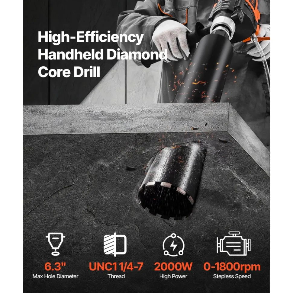 VEVOR Diamond Core Drilling Machine, 0.8-6.3 in Drilling Diameter, Handheld Dry and Wet Concrete Core Drill Rig with 4 Drill Bits, 0-1800RPM Variable Speed, UNC1 1/4-7, for Concrete Brick Stone, 2000W